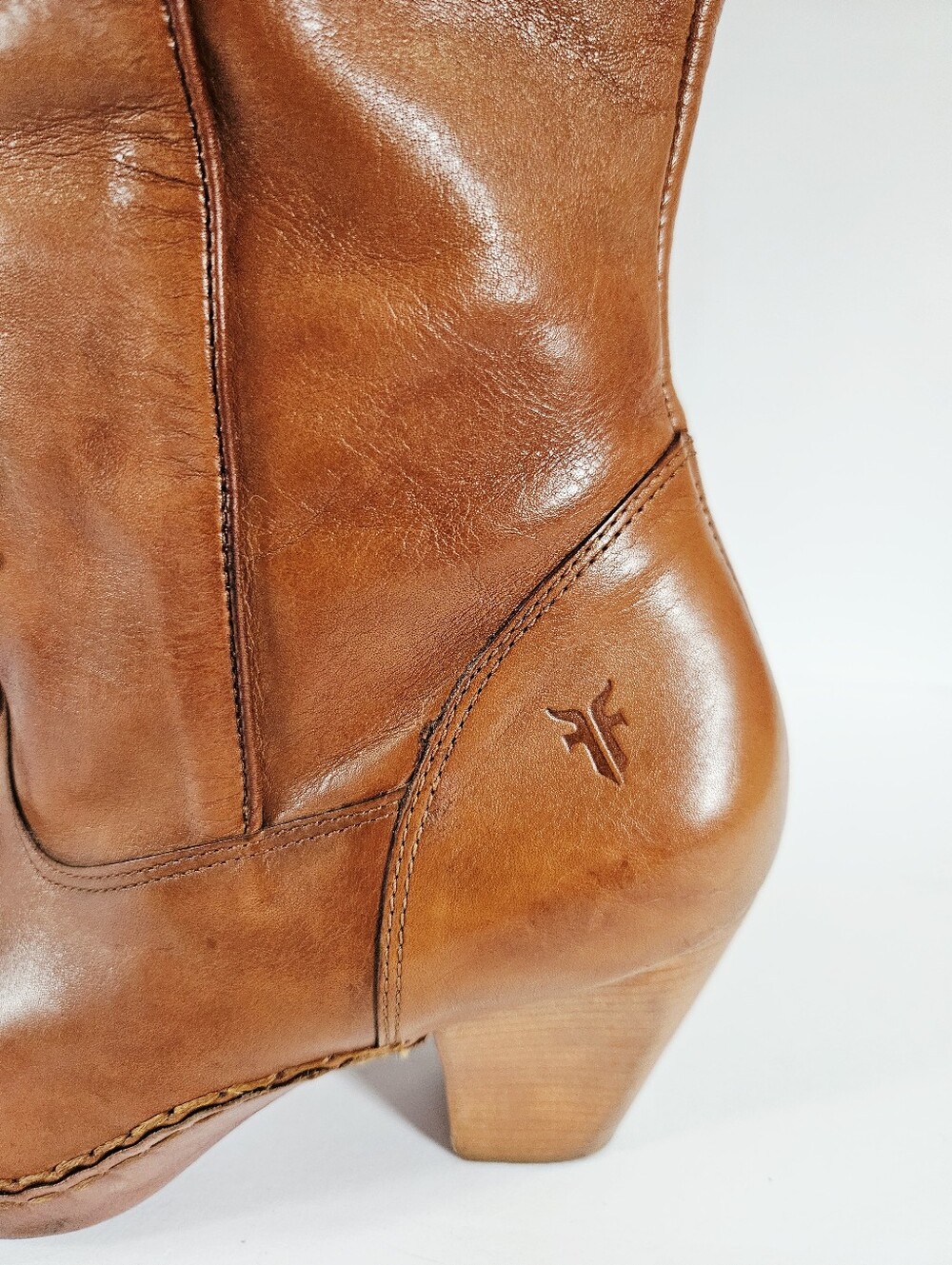 Vintage Frye Phoenix Cognac Brown Leather Stacked Heel Western Cowboy Boots 10 - Picture 6 of 15